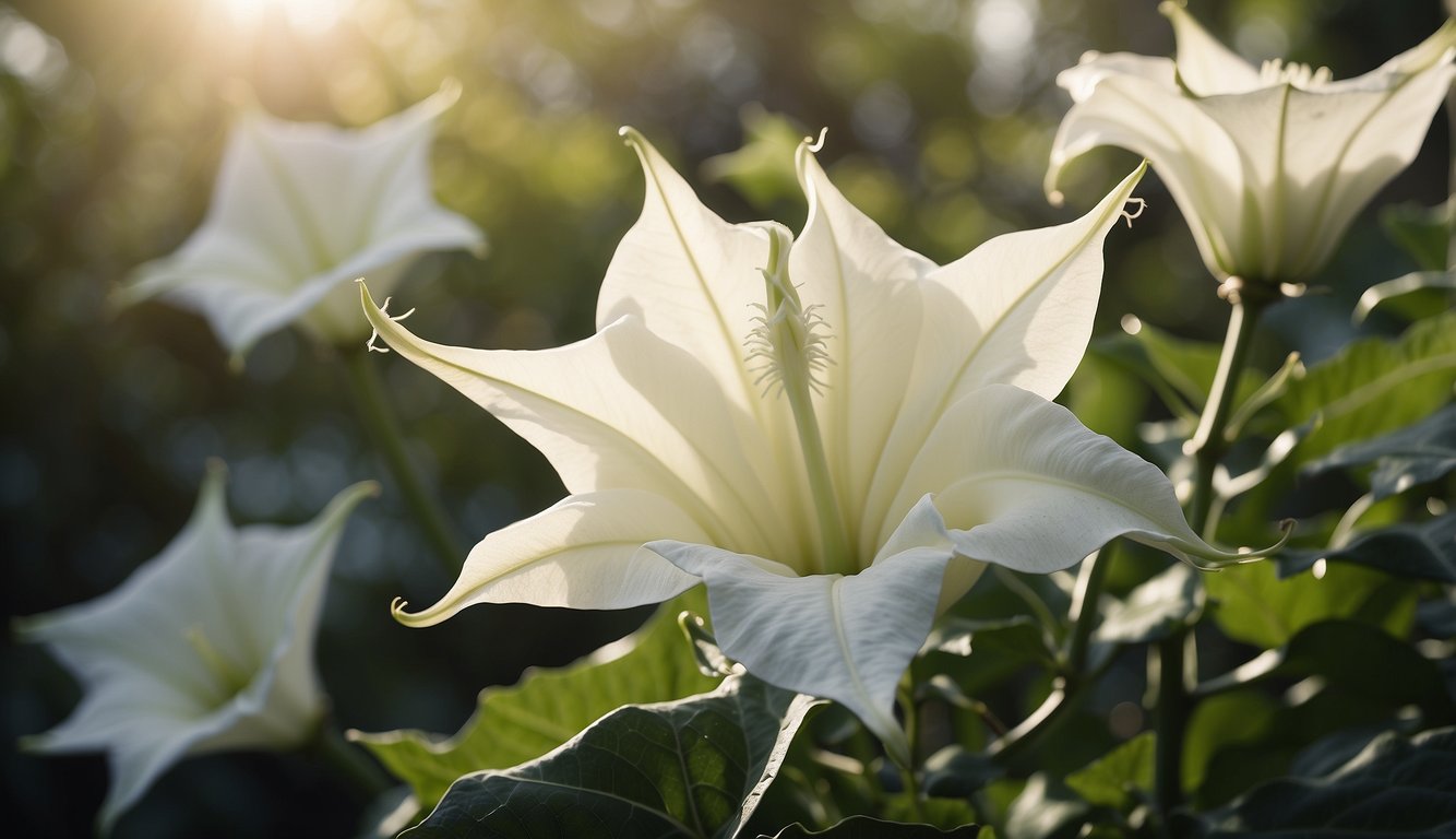 A blooming Datura Stramonium plant with spiky leaves and trumpet-shaped white flowers stands tall in a sun-drenched garden