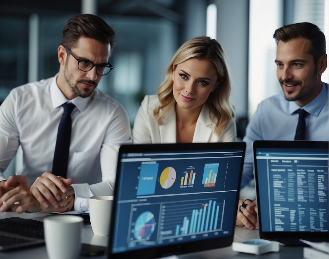 A team of IT recruiters collaborating in a modern office space, equipped with advanced technology and communication tools. They are strategizing and brainstorming, surrounded by charts, graphs, and data analytics