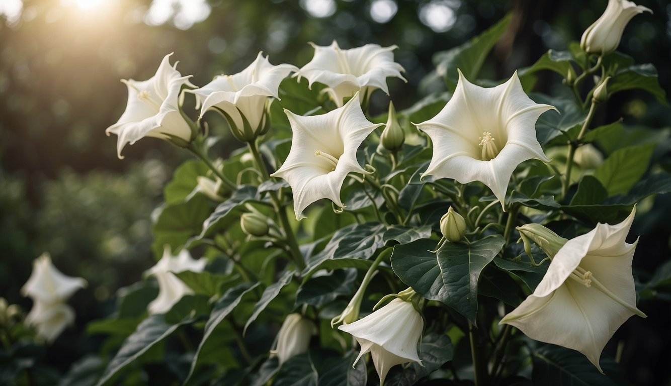A blooming Datura Stramonium plant stands tall, with its large, trumpet-shaped white flowers and spiky seed pods.

The plant is surrounded by lush green leaves and emits a mysterious and alluring fragrance