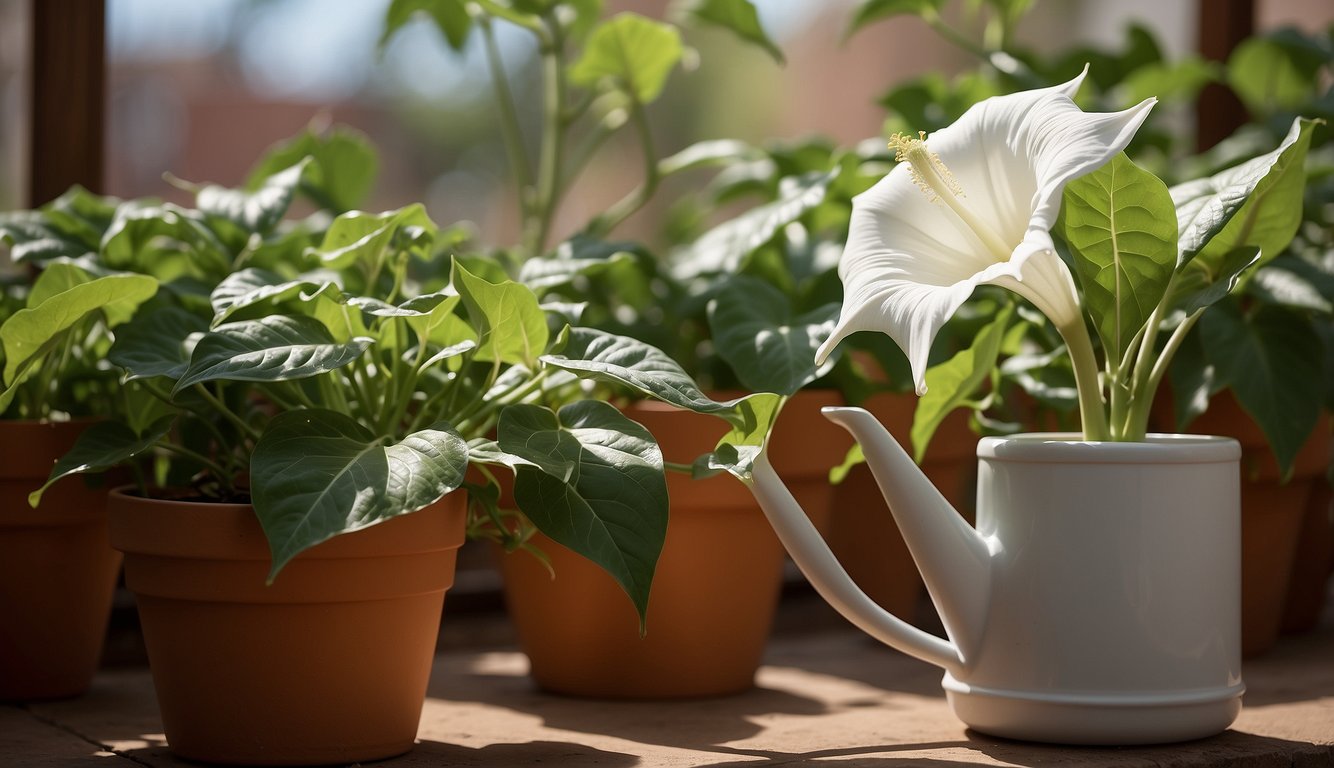 Lush green leaves of Datura Stramonium surround a delicate white trumpet-shaped flower.

The plant sits in a terracotta pot on a sunny windowsill, with a small watering can nearby