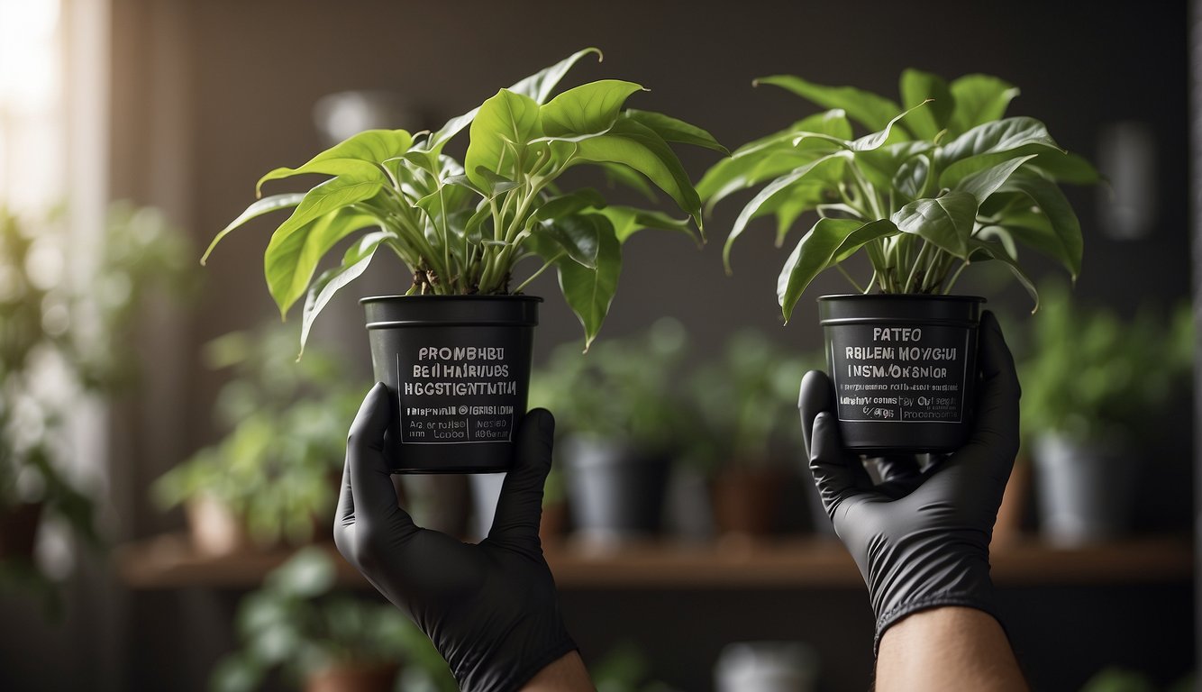 A pair of gloved hands carefully holding a potted Datura Stramonium plant, with a warning label and safety instructions visible nearby