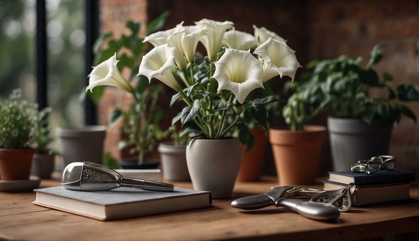 A blooming Datura Stramonium plant surrounded by a variety of gardening tools and a care guide book on a wooden table