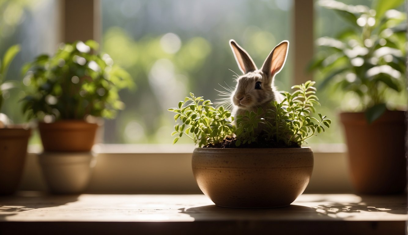 A bright, airy room with dappled sunlight filtering through the windows.

A small, delicate pot sits on a wooden table, filled with rich, moist soil. A lush, green Davallia Fejeensis, also known as the Rabbit's