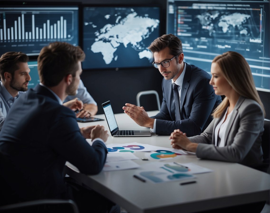A group of IT professionals brainstorming solutions to reduce turnover, surrounded by charts and graphs showing data on employee retention