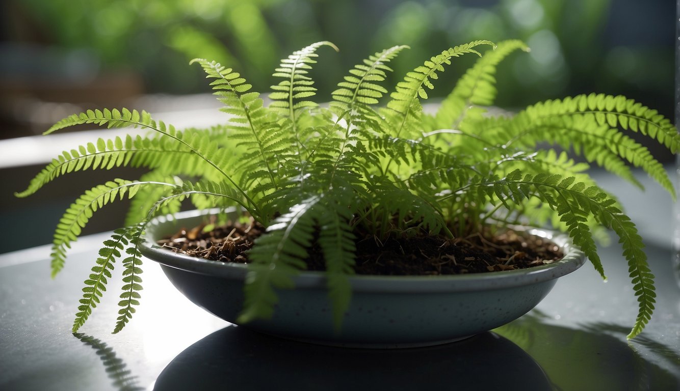 A rabbit's foot fern sits in a shallow dish of water, with spores visible on the underside of the fronds.

A small container of rooting hormone and a pair of sterile pruning shears are nearby