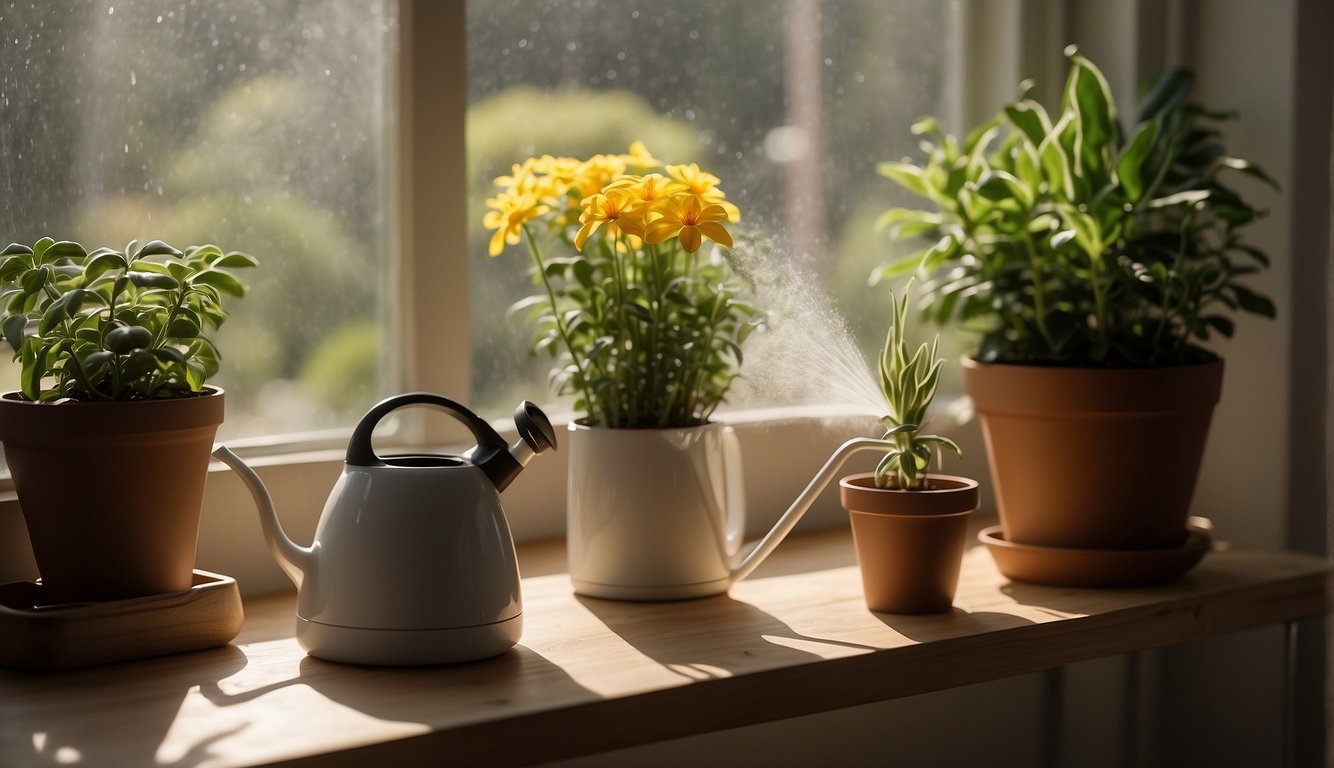A bright, airy room with dappled sunlight filtering through the window.

A small table holds a potted Davallia Fejeensis, surrounded by misting spray bottles and a watering can. A care guide book sits nearby