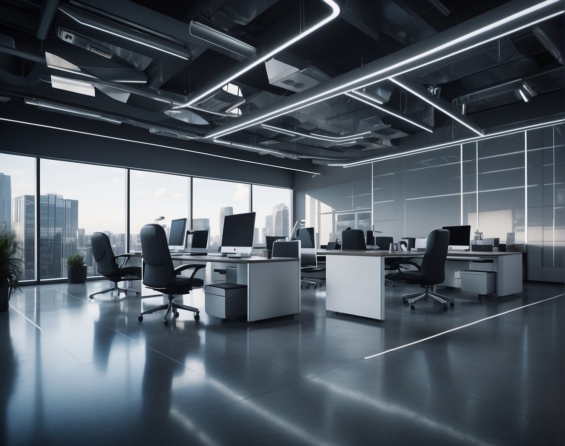 A futuristic office space with advanced technology and automated systems, showcasing the reduction of turnover in IT roles through technological development and automation