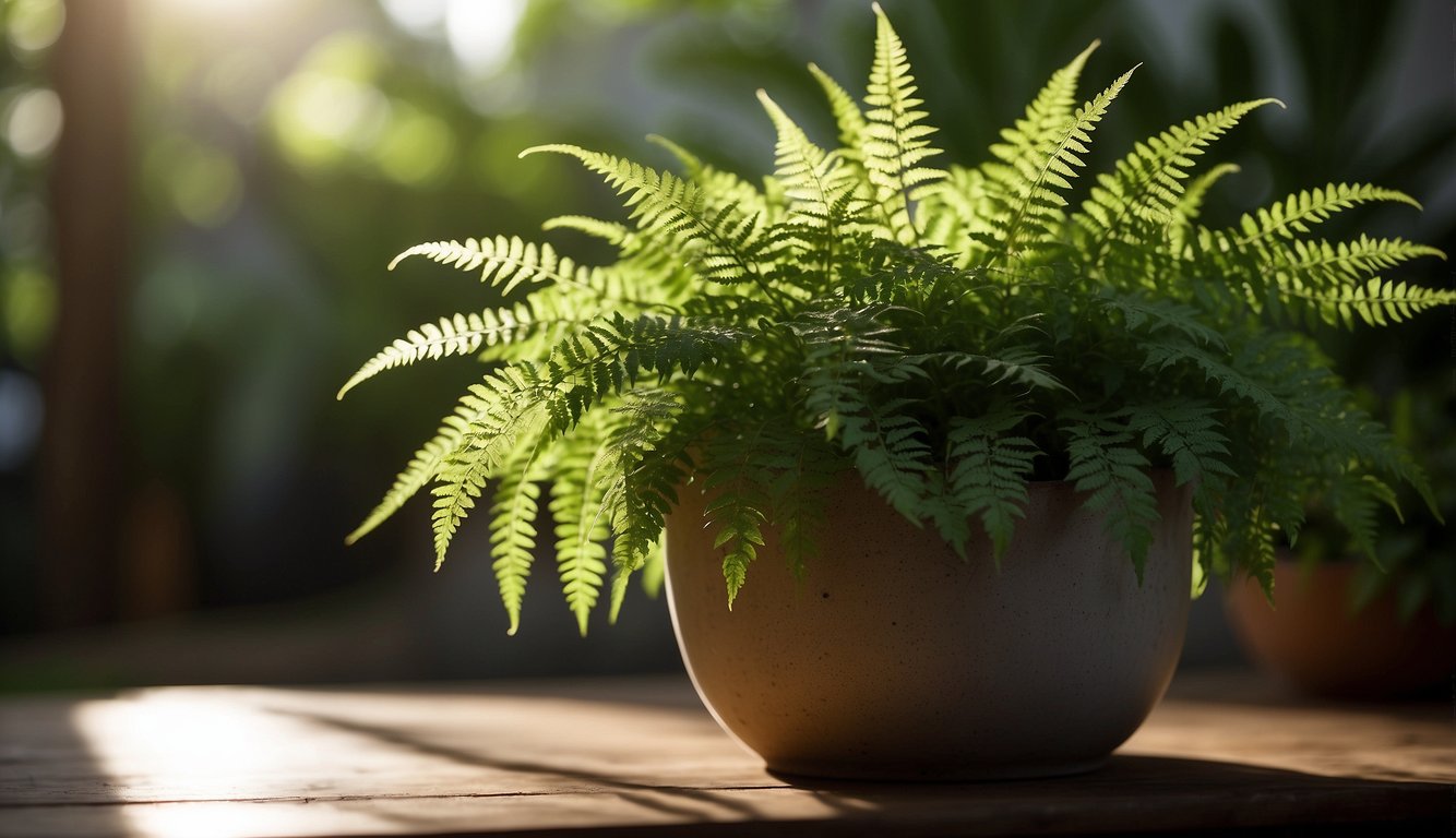 A lush, green rabbit's foot fern sits in a decorative pot.

Sunlight filters through the leaves, casting delicate shadows on the surface below