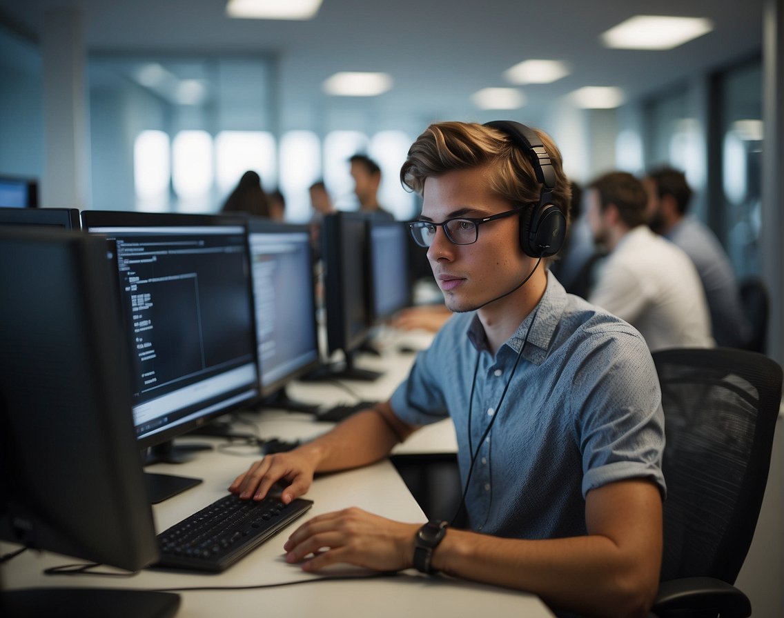 A student intern working on a computer in a modern IT office, surrounded by colleagues collaborating and problem-solving