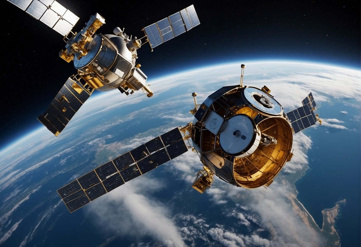 A group of high-tech satellites orbiting Earth, monitoring the environment with advanced sensors and transmitting data to European ground stations