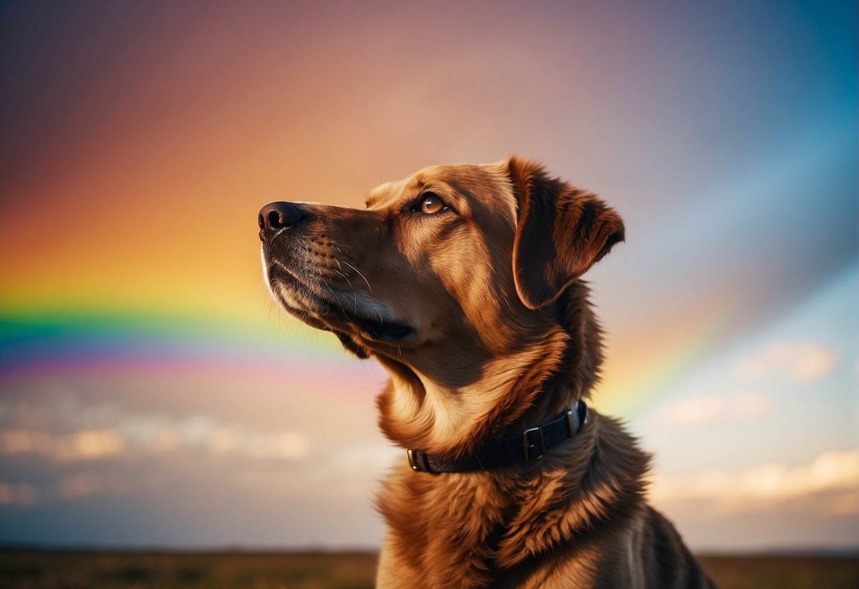 A brown dog looks at a vibrant rainbow in the sky