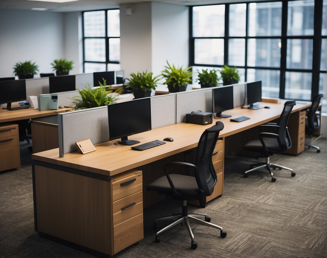 A modern office space with computers, collaborative work areas, and a relaxed atmosphere. The company logo is prominently displayed, and there are posters highlighting the benefits of the internship program