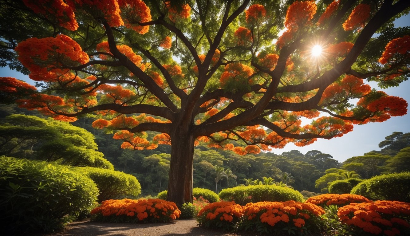 A Delonix Regia tree stands tall with vibrant red-orange flowers in full bloom, surrounded by lush green foliage.

The sun shines brightly, casting a warm glow on the tree's flamboyant display
