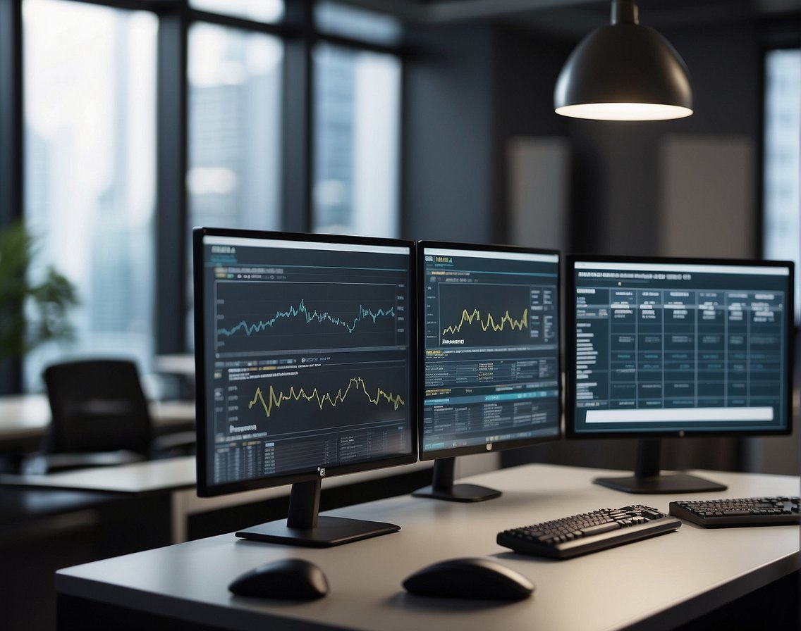 An office setting with computer screens, legal documents, and financial charts. A sign displaying "Internship Program Benefits" in a modern IT company