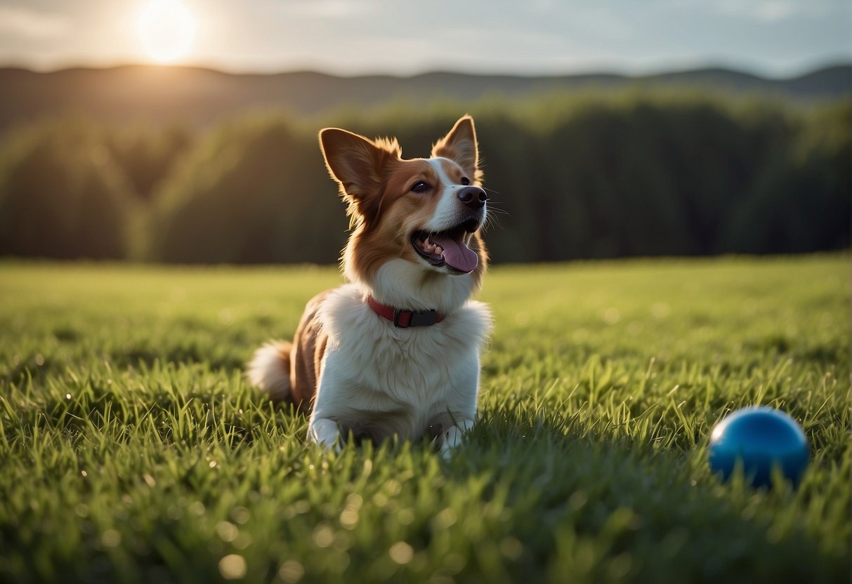 A dog gazing at a vibrant green field with a blue sky and a red ball in the distance