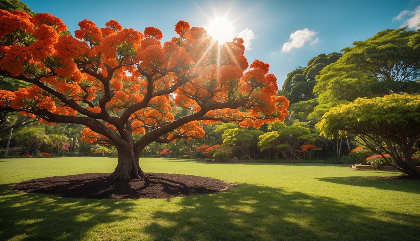 A sunny, tropical landscape with rich, well-draining soil and regular watering.

A mature Delonix Regia tree in full bloom, with vibrant red-orange flowers and lush green foliage