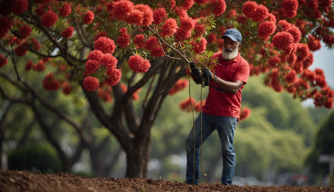 A gardener prunes a Delonix Regia tree, removing dead branches and shaping its vibrant red flowers.

Nearby, a sign displays interesting facts about the tree