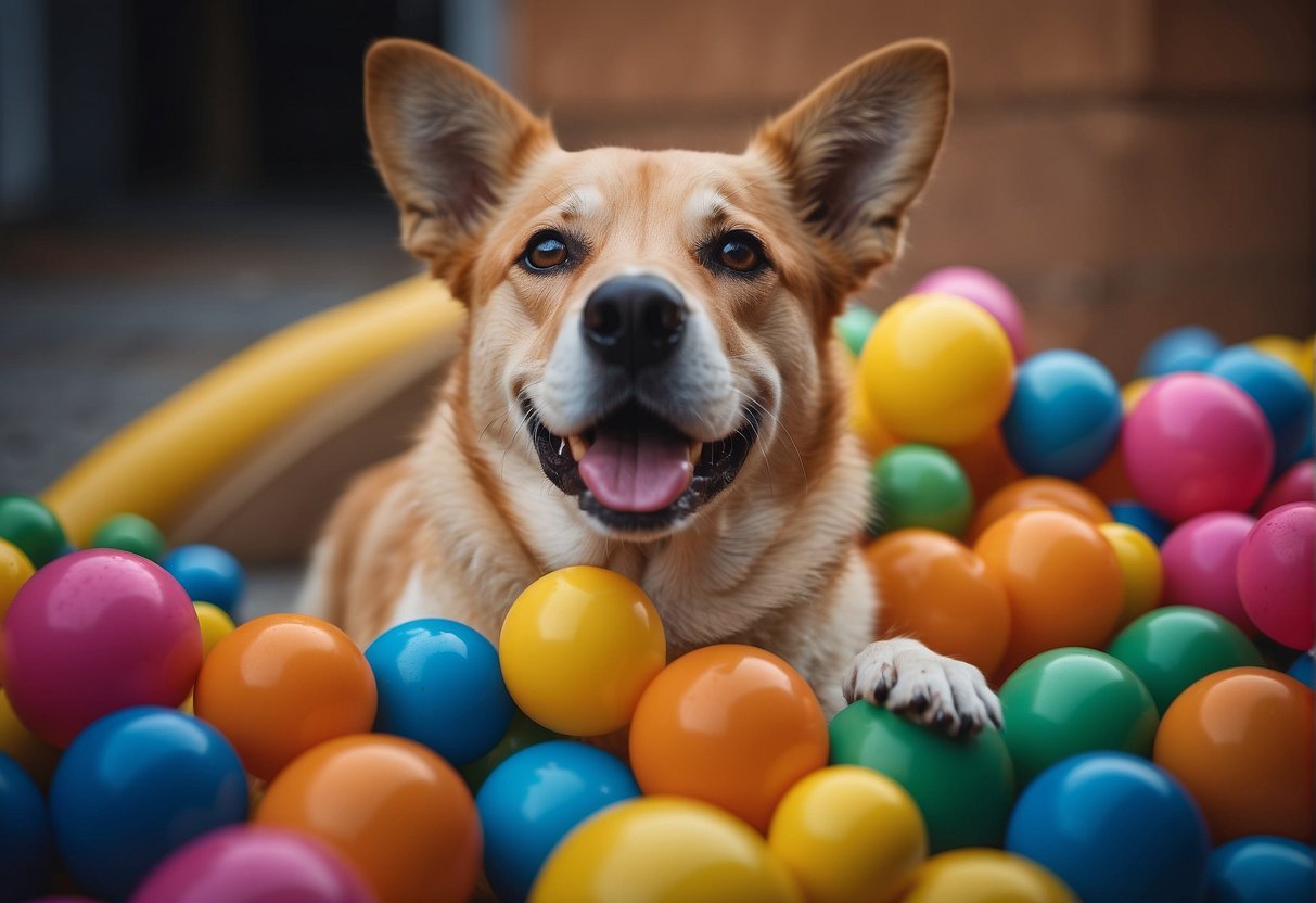 A dog, surrounded by various colored objects, is observing and reacting to the different hues, showcasing its behavior and adaptation to the colors