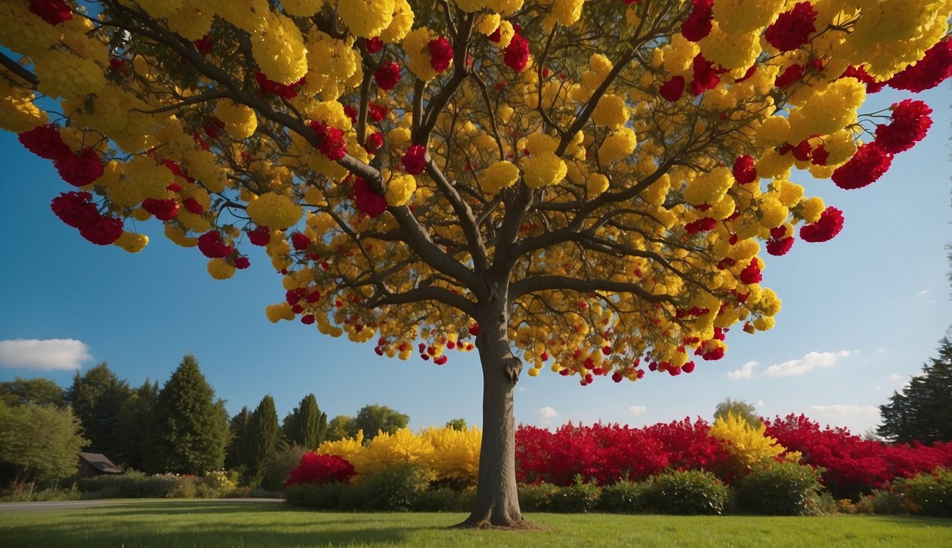 The Flamboyant tree stands tall, with vibrant red and yellow flowers.

A gardener sprays organic pest control, while inspecting for signs of disease