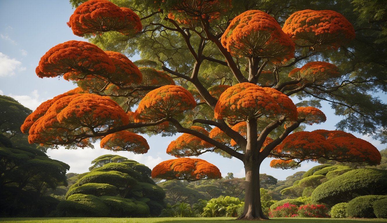 A Delonix Regia tree stands tall with vibrant red-orange flowers.

A sign reads "Frequently Asked Questions: Flamboyant Tree Care and Interesting Facts." The tree is surrounded by lush green foliage