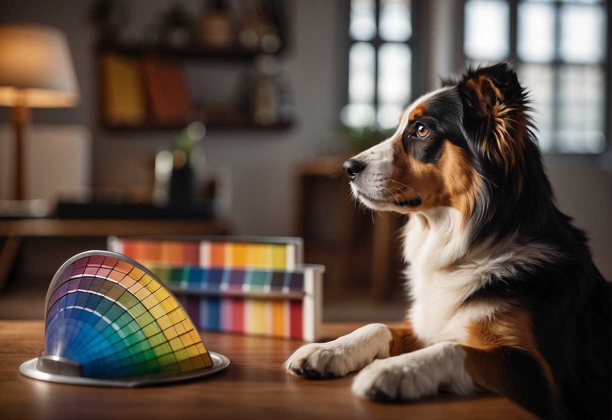 A dog looking at a color chart with various hues and shades
