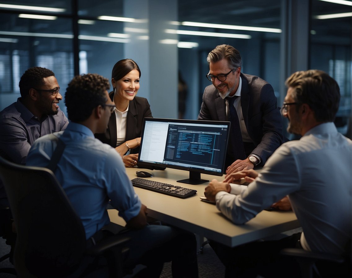 A group of specialized professionals gather around a computer, exchanging ideas and collaborating on a project for an IT company