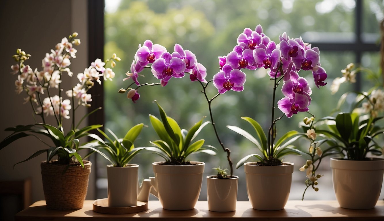 A bright, airy room with a large window, filled with various pots of blooming Dendrobium Nobile orchids.

A watering can and bag of orchid fertilizer sit nearby