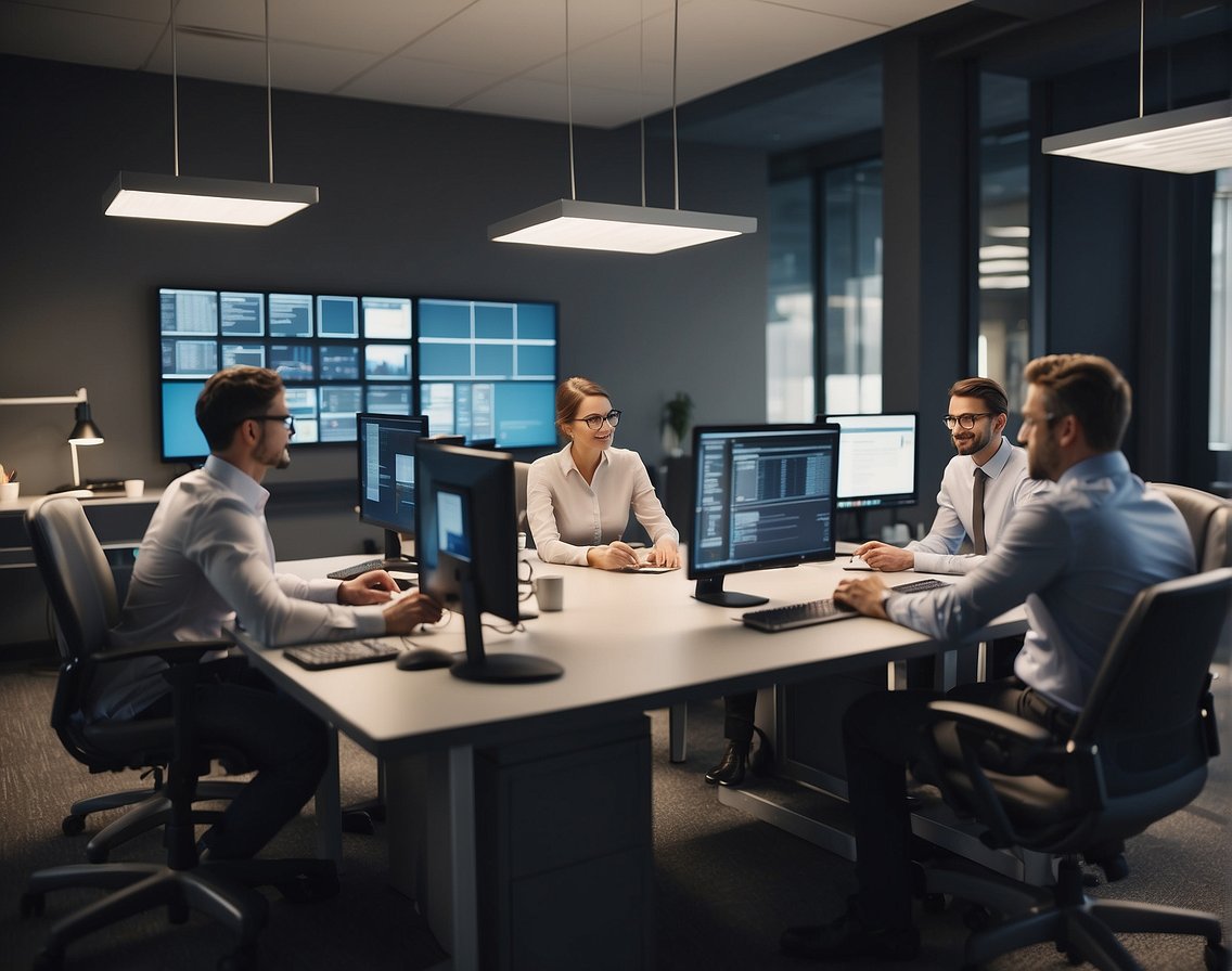 An IT office with diverse workers discussing niche skill recruitment