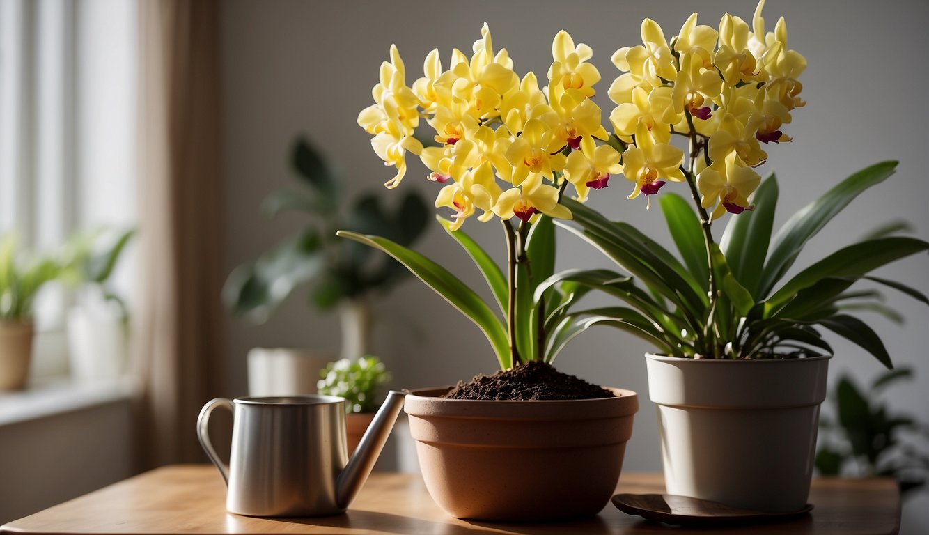 A bright, well-lit room with a table holding a Dendrobium Nobile orchid in a decorative pot.

A watering can, fertilizer, and pruning shears are nearby, along with a care guide book