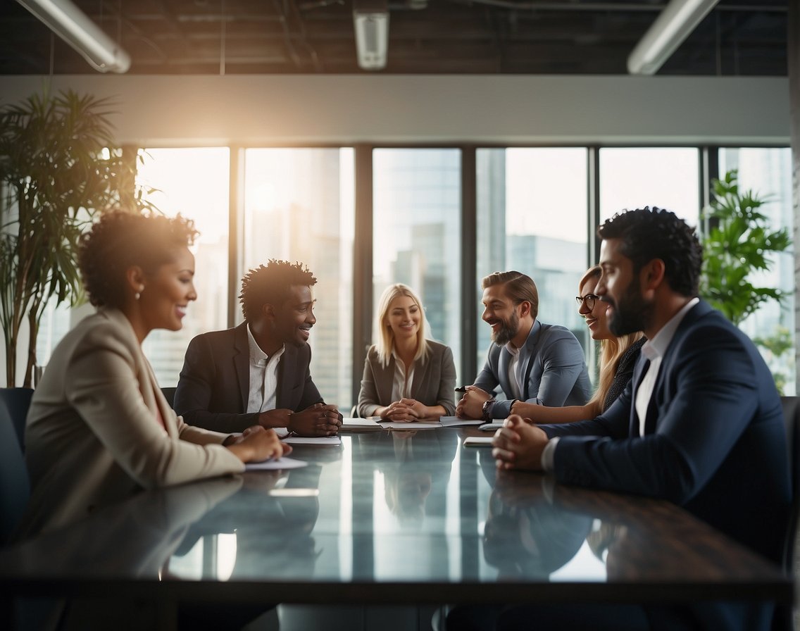 A group of diverse professionals gather around a table, discussing IT recruitment strategies and brainstorming innovative approaches