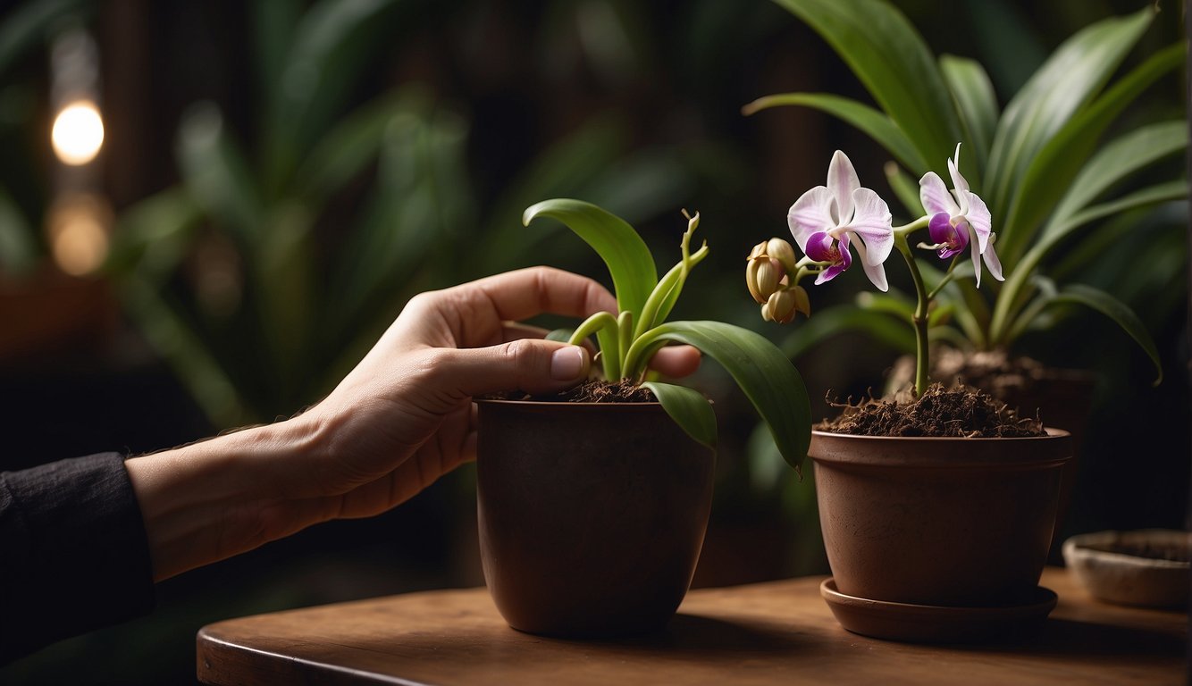 A hand holding a small pot with a Dendrobium Nobile orchid.

Another hand gently removes the orchid from the pot, revealing its root system.

The roots are carefully trimmed before the orchid is repotted into fresh, well-dr