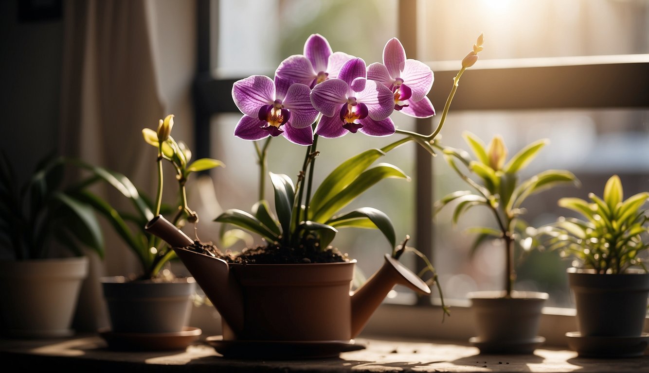 A hand holding a wilting Dendrobium Nobile orchid, surrounded by scattered potting soil and a watering can.

The plant is positioned near a window with sunlight streaming through