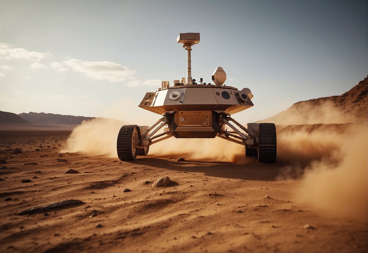 The Mars Sample Return Mission shows a spacecraft landing on the dusty surface of Mars, collecting rock and soil samples, and launching back towards Earth