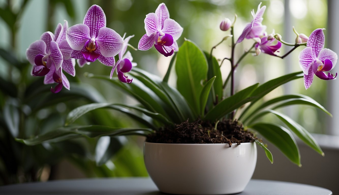 A vibrant Dendrobium Nobile orchid sits in a decorative pot, surrounded by a backdrop of lush green foliage.

The plant is healthy and blooming, with delicate purple and white flowers adorning its graceful stems