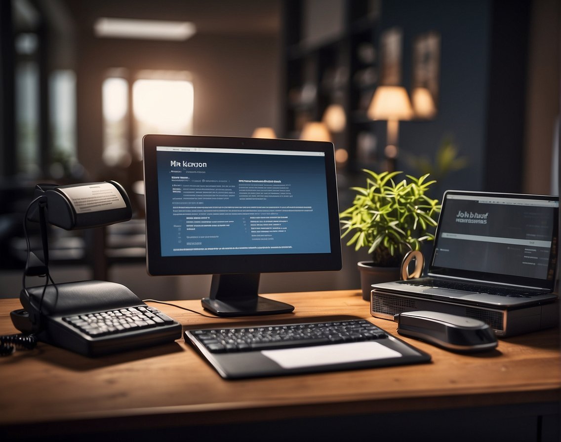 A desk with a computer showing job listings, a stack of resumes, and a phone with a notification for a counteroffer