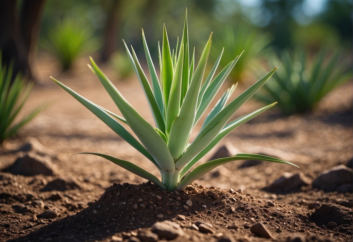 A healthy yucca plant with vibrant green leaves and a sturdy, upright stem, positioned in a well-draining soil with adequate sunlight