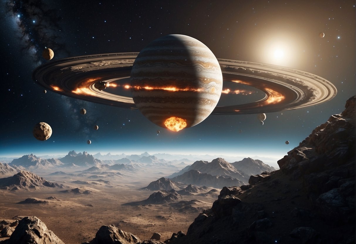 Lucy mission - A spacecraft approaches a cluster of rocky asteroids orbiting Jupiter, with the gas giant looming in the background. The asteroids vary in size and shape, some with craters and others smooth