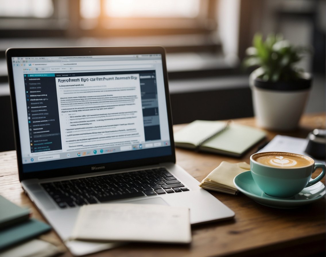 A computer screen displaying a well-written IT recruitment blog post, surrounded by open books and a brainstorming notebook with a pen