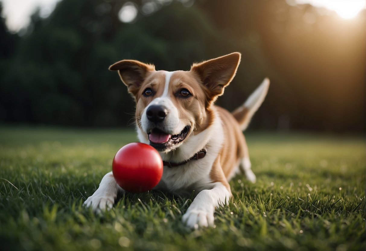 A dog looking at a red ball in a green grass field