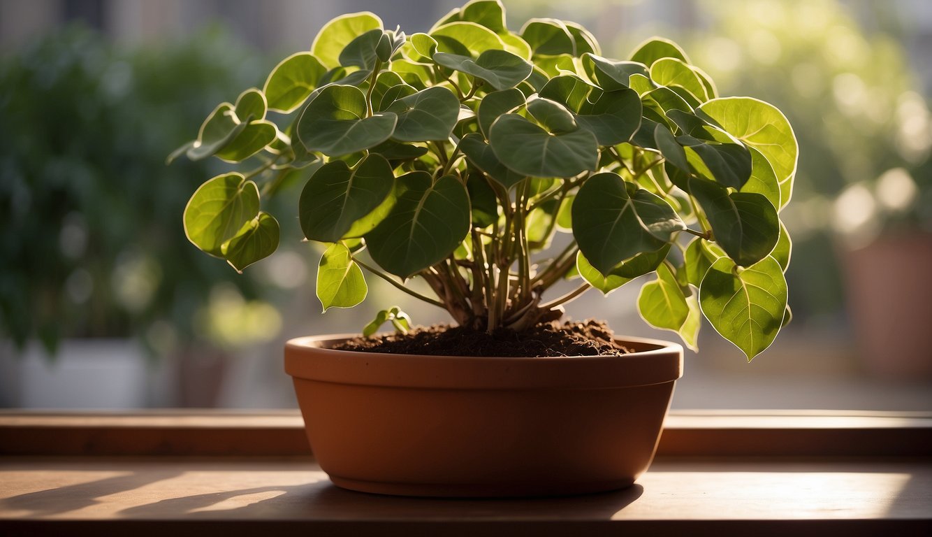 A mature Dioscorea elephantipes plant sits in a terracotta pot on a sunny windowsill.

The plant's thick, woody stem is topped with a cluster of green, fleshy leaves, creating a striking and unique silhouette