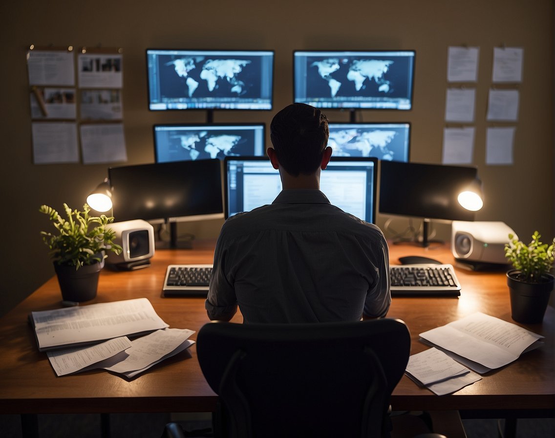A person typing on a computer, surrounded by papers and notes, with a brainstorming board in the background