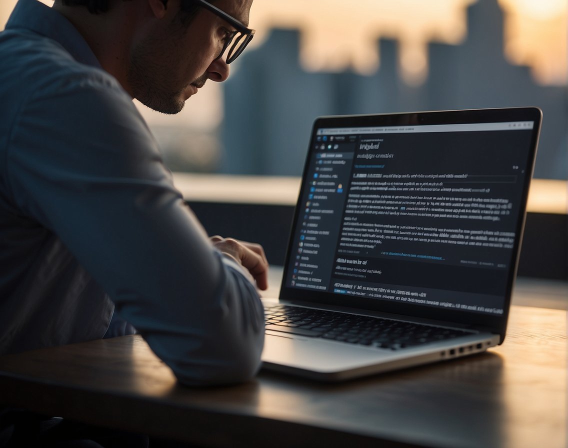 A person typing on a laptop with a social media ad on one side and a blog post on IT recruitment on the other