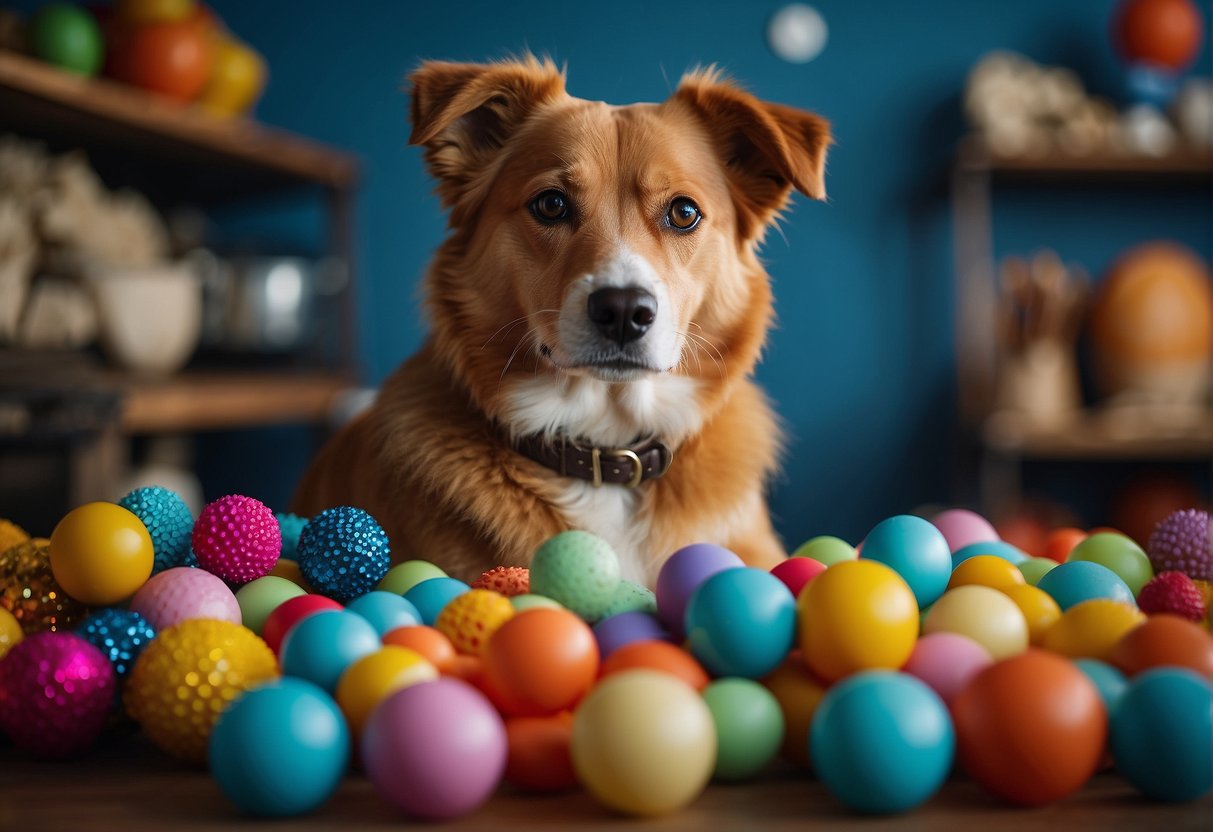 A dog looking at a colorful array of objects, with a focus on different shades and hues