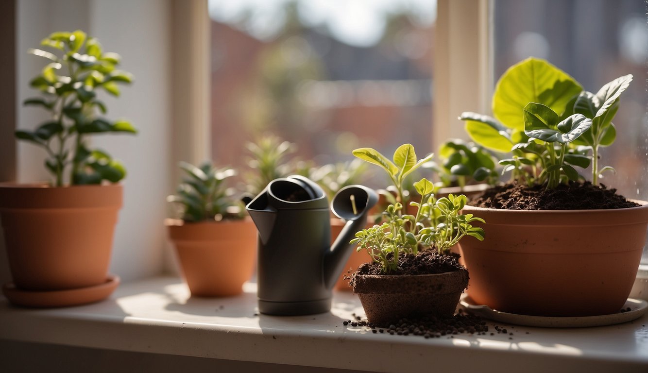 The Elephant's Foot plant sits in a terracotta pot on a sunny windowsill.

A small watering can and a bag of well-draining soil are nearby, ready for a bi-weekly watering and repotting