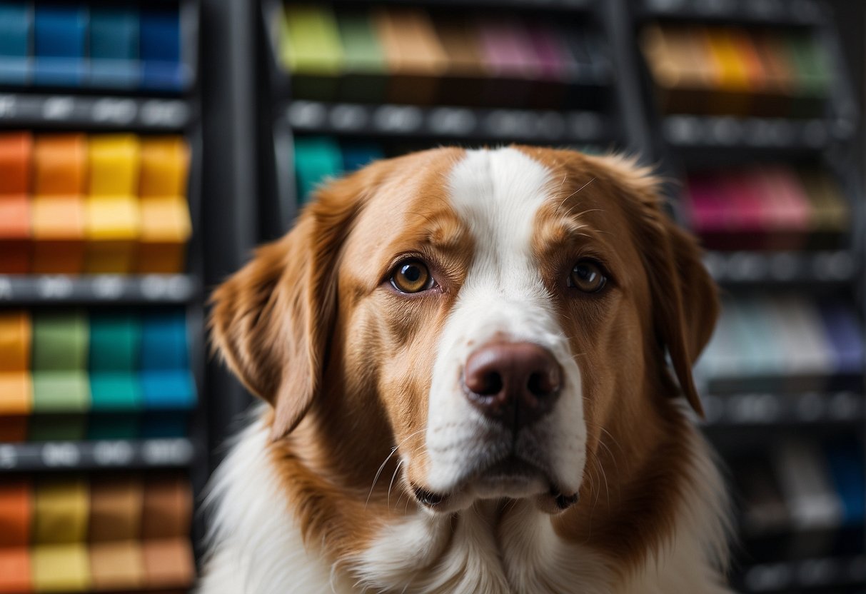 A dog looking at a color chart with various shades and hues, possibly with a puzzled or curious expression