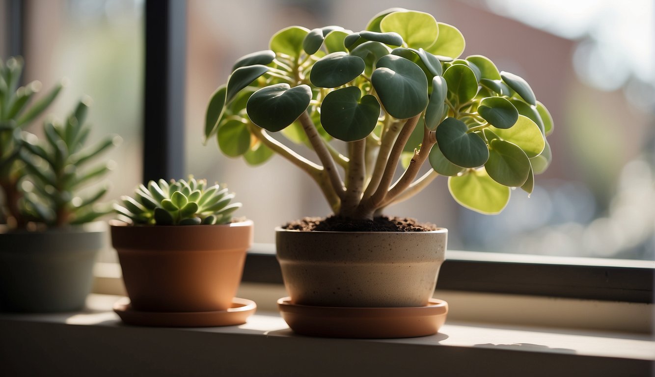 A potted Dioscorea Elephantipes plant on a sunny windowsill, surrounded by other succulents.

The plant's bulbous, wrinkled stem and small, green, palm-like leaves are the focal point