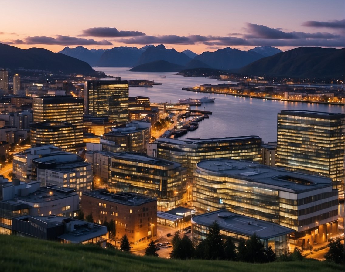 A bustling cityscape with modern office buildings and a vibrant tech industry event showcasing Norway's innovative IT opportunities