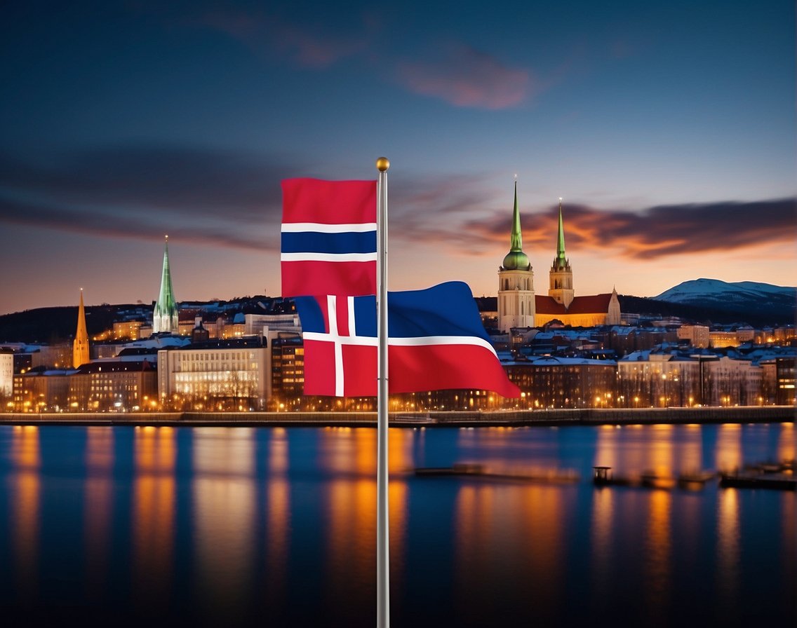 A bustling cityscape with glowing tech companies and a diverse array of international flags, showcasing Norway's appeal for IT talent