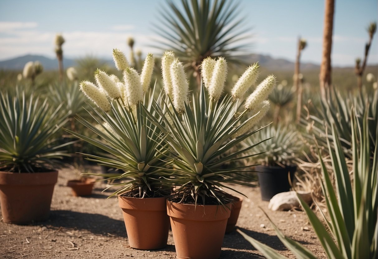A yucca plant being staked up with gardening supplies nearby