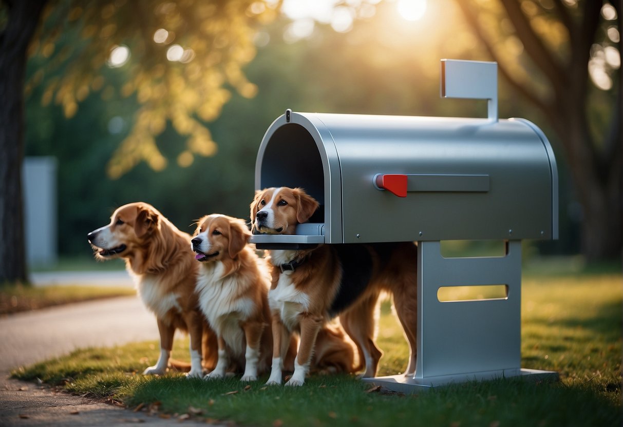 Dogs eagerly gather around a futuristic mailbox, eagerly awaiting the arrival of their letters in 2023